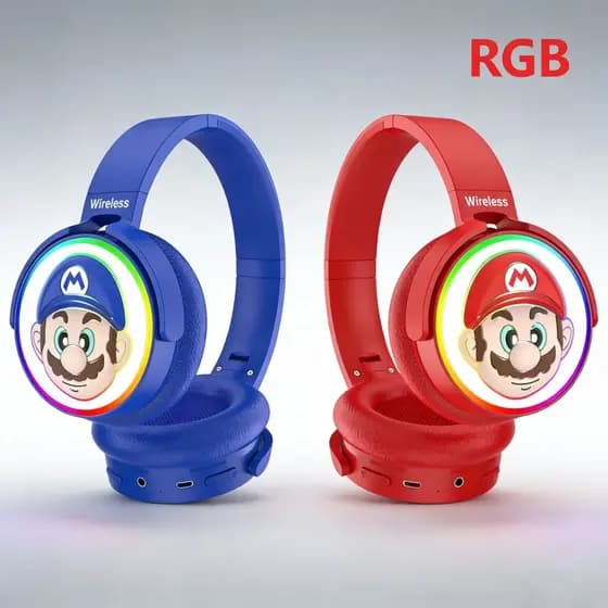 Fone de ouvido Bluetooth estéreo sem fio Super Mario com RGB