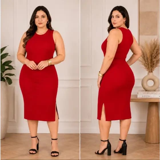 Vestido Midi regata com Fenda lateral Canelado Feminino