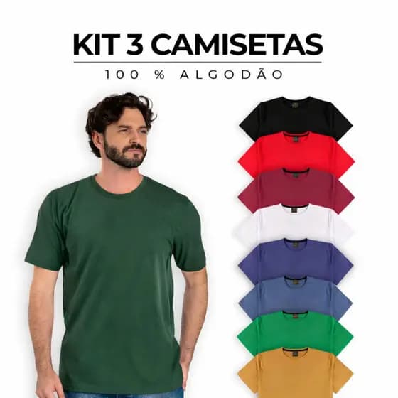 Kit 3 Camiseta Masculina Manga Curta Silk Sublimação Preto Branco Bordo Verde Marinho
