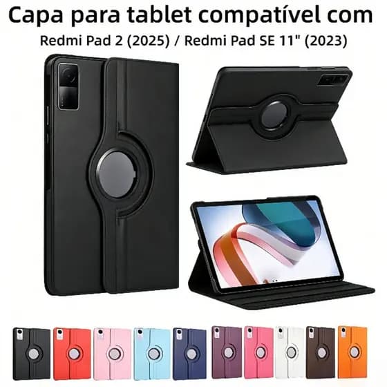 Capa Giratória 360° Xiaomi Redmi Pad 2 11" em Couro PU – Suporte e Smart Cover