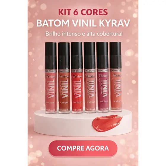 Kit 6 Batons Vinil Kyrav Original Brilho Intenso Alta Cobertura Longa Duração Batom Líquido Hidratante Maquiagem Profiss