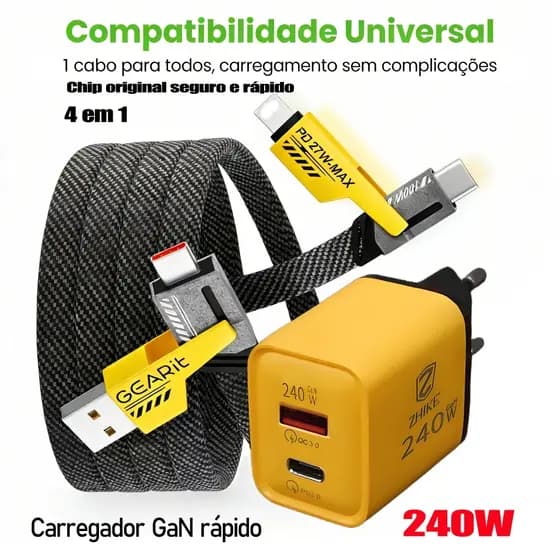 Carregador 280W Carregamento Ultrarrápido + Cabo 4 em 1 Silicone USB-C | Opções: Cabo / Fonte / Combo | 1m 2m