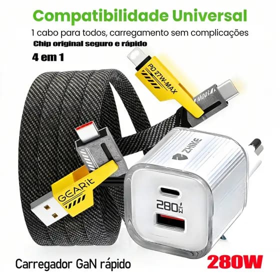 Carregador GaN 280W com Cabo 4 em 1 PD Compatível iPhone Samsung Motorola