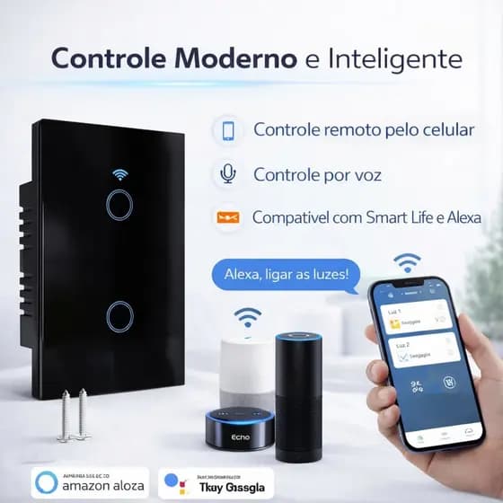 Interruptor Inteligente Wi-Fi Touch 2 Teclas sem Neutro, Controle por Voz e App