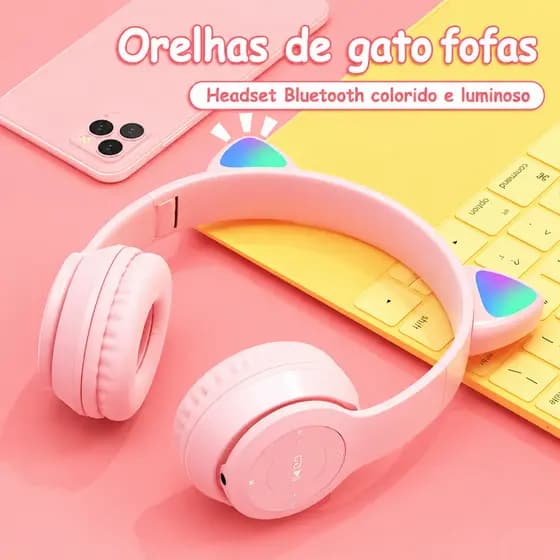 Fone Bluetooth Gatinho LED Sem Fio Headset Infantil Gamer Com Orelhas de Gato Coloridas