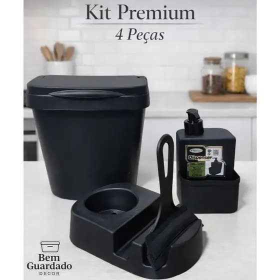 Kit Pia Completo – Lixeira de Pia + Dispenser Detergente + Porta Esponja + Rodo Organização Cozinha