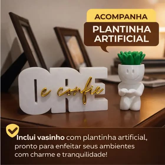 Letreiro Ore e Confie 15x8cm Frase Decorativa Frase Religiosa Kit com vasinho orando Sala Quarto