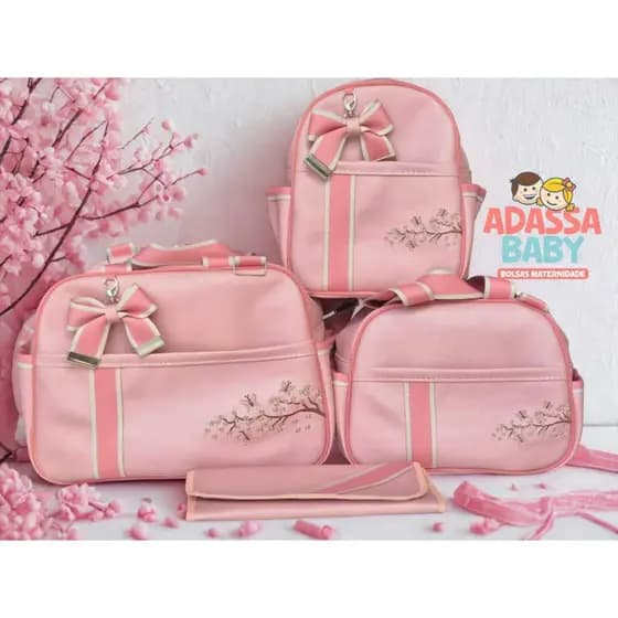 kit de Bolsa Maternidade Luxo Fita bordada (4 Peças)