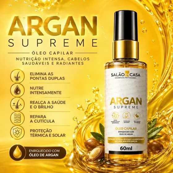 Óleo de Argan Nutritivo 60ml | Nutrição Profunda | Reparação das Cutículas | Brilho Intenso | Salão In Casa