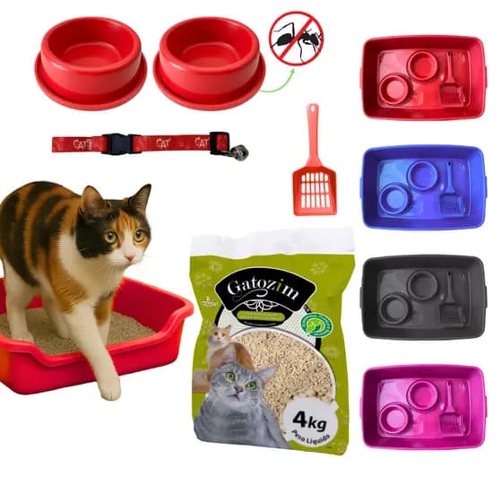 Kit Caixa de Areia Higiênica com 4kg de Areia + Pá + Comedouro + Bebedouro + Coleira