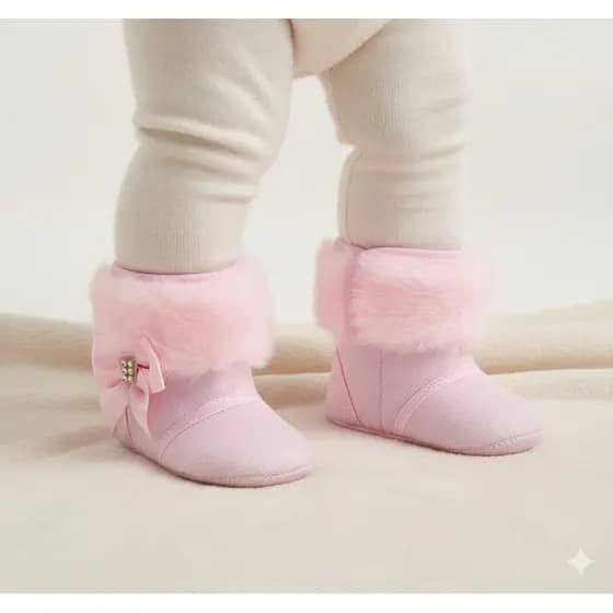 Bota Bebê Menina Pelo Pelúcia Rosa Inverno Botinha Forrada Laço Cetim Strass Infantil RN