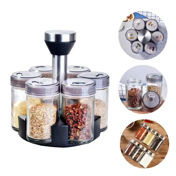 Porta Tempero E Condimentos Giratório Com 6 Potes De Vidro Aço Inox Para Cozinha