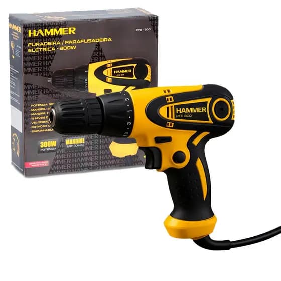 Furadeira Parafusadeira Elétrica Mandril 3/8” 10mm Aperto Rápido GYPFE300 300W Da Hammer