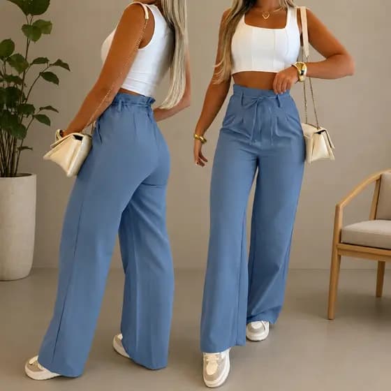 Calça Pantalona Feminina Alfaiataria Premium Cintura Alta Com Tira De Amarração
