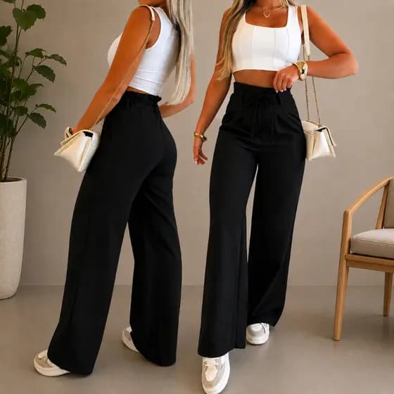 Calça Pantalona Feminina Alfaiataria Premium Social Com Tira De Amarração Cintura Alta Elegante
