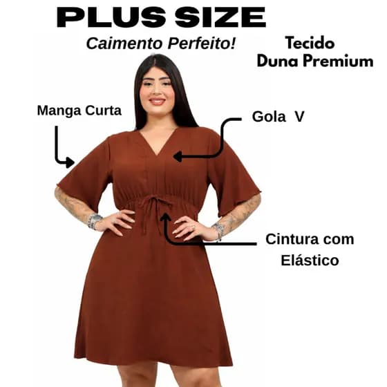 Vestido Feminino Plus Size, Duna Liso, Gola V e Cintura com Elástico