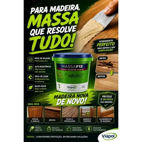 Massa F12 MOGNO De Calafetar Correção Reparo Madeira Viapol 400g