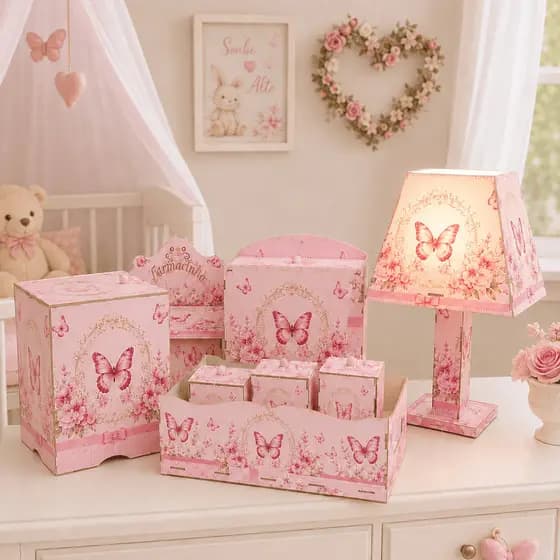 Kit Higiene Bebê 8 Peças MDF Borboleta Rosa Completo Com Abajur Quarto Menina