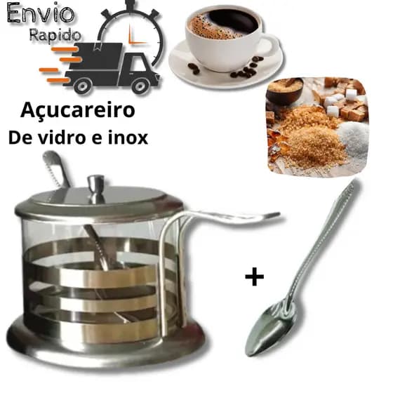 Açucareiro de Inox Com Colher E Tampa Pote Açúcar Chique cantinho do cafe