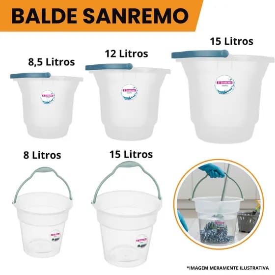 Balde Plástico reforçado Transparente com Alça reforçada Sanremo 8L 12L 15L
