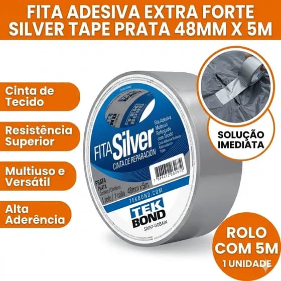 FITA ADESIVA EXTRA FORTE SILVER TAPE 48MM X 5M PRATA TEKBOND