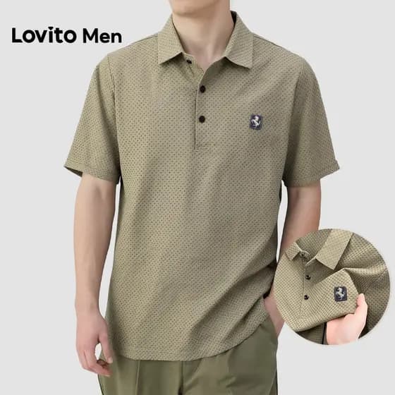 Lovito Men Camisa Polo Casual com Botão Dobrável Bordado para Primavera/verão Camisa Polo Cáqui para homens LNE138173