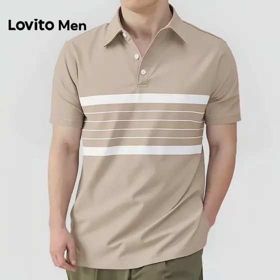 Lovito Men Camisa Polo Casual Geométrica Botão Primavera/verão Camisa Polo Masculina Cáqui LNE138098