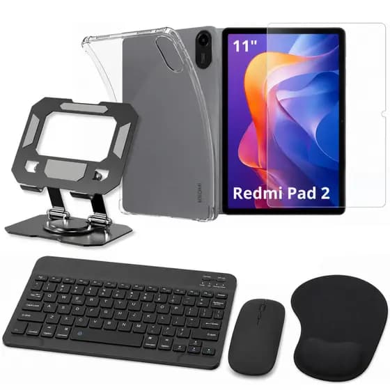 Kit para Redmi Pad 2 Capa Transparente + Película de Vidro + Teclado e Mouse Bluetooth + Suporte + Mouse Pad