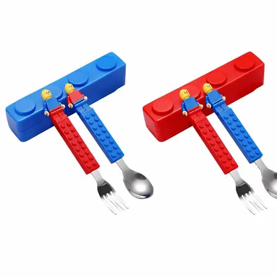 Conjunto Talher Infantil De Lego Com Garfo, Colher E Estojo Bloco De Montar 3 Peças, Azul, Vermelho