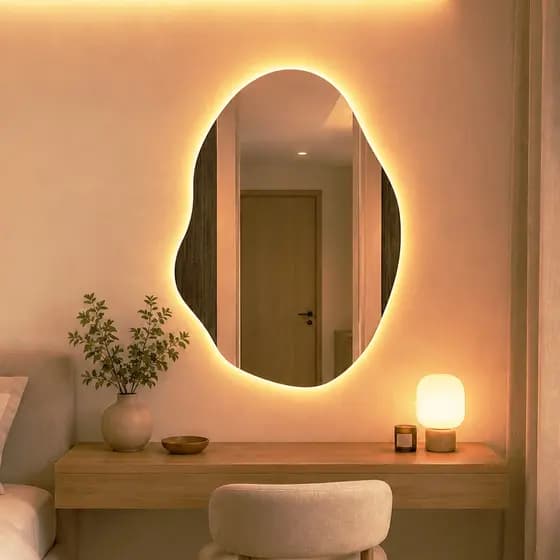 Espelho Pinterest Rubi Retrô Com Led Lapidado 55x75cm Orgânico de Parede Minimalista Hall Entrada