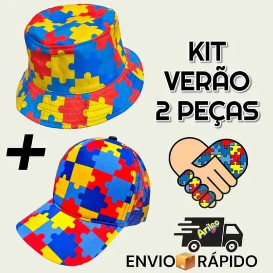 Kit Infantil Autismo 2 Peças – Boné + Chapéu Bucket Quebra-Cabeça Colorido Unissex