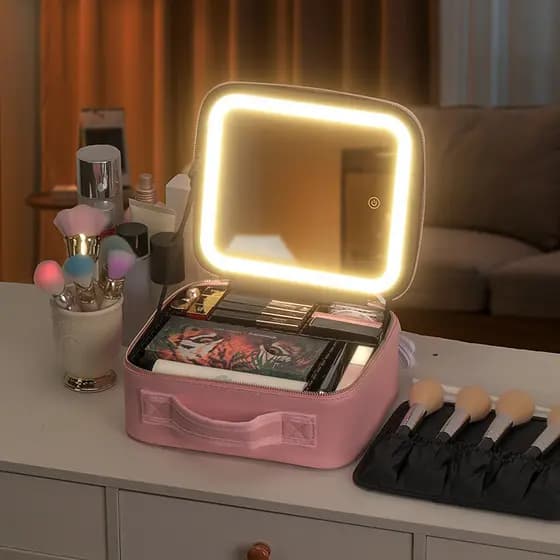 Nécessaire de Couro para Maquiagem com Espelho LED e Compartimento
