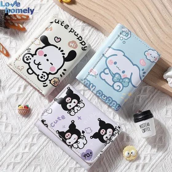 Sanrio Carteira Fofa Elegante Bolsa De Moedas Multicartão Três Dobras Couro PU Cartão Curta Presente De Aniversário