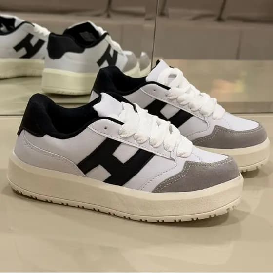 Tenis Feminino Confortavel Estiloso Branco Preto Sola Alta 34 ao 39