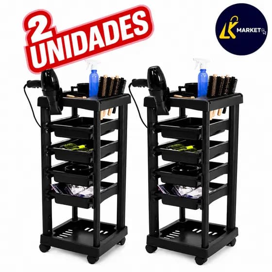 KIT 2 CARRINHOS AUXILIAR ORGANIZADOR MULTIUSO SALÃO DE BELEZA BARBEIRO 4 GAVETAS