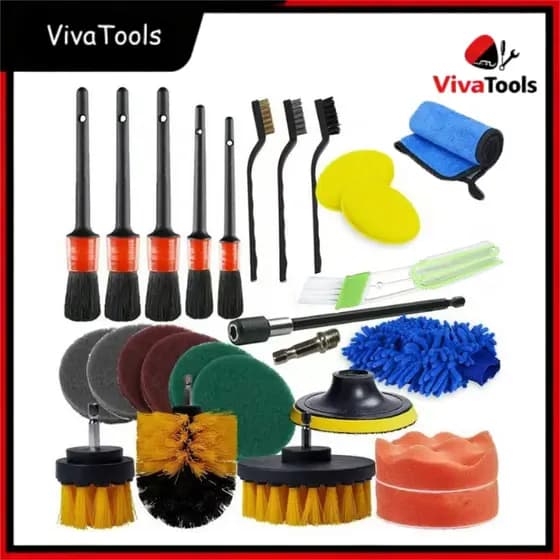 Kit Limpeza Automotiva 26 Peças para Parafusadeira Limpeza Profunda Rápida Escovas + Esponjas Completo