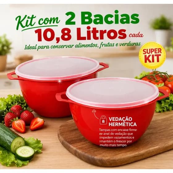 Kit 2 Bacias Multiuso 10,8L Vermelhas com Tampa Transparente