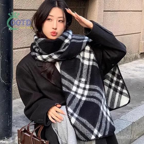 Moda Hoje Retro Lock Edge Xadrez Cachecol Para Mulheres Outono E Inverno Quente Versátil Lenço De Pescoço Dupla Face Dua