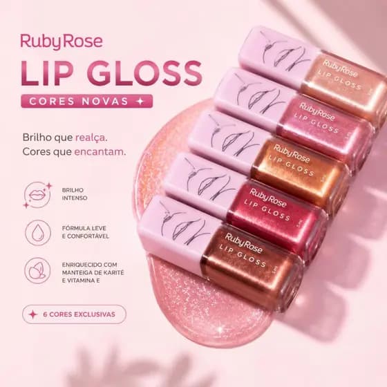 Lip Gloss Ruby Rose Hidratante Efeito Espelhado Brilho Intenso Glitter Não Pegajoso Lábios Volumosos