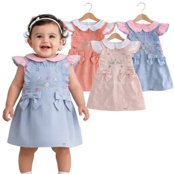 Conjunto Jardineira Tipo Saia Bordada + Blusa Infantil Feminino Delicada Confortável Conjunto Kids