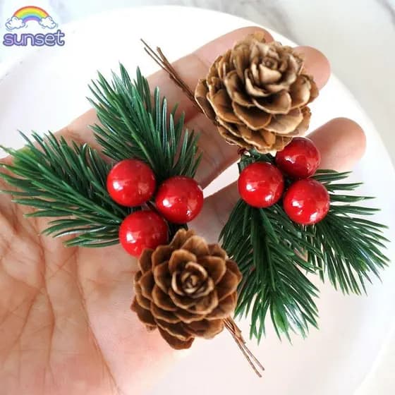10 peças de flores artificiais decorativas em saco vermelho de pinha de Natal ao pôr do sol 9VJG
