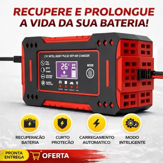 Carregador Bateria 12V 6A Inteligente Bivolt LCD Automotivo Carro Moto Recupera Bateria Fraca