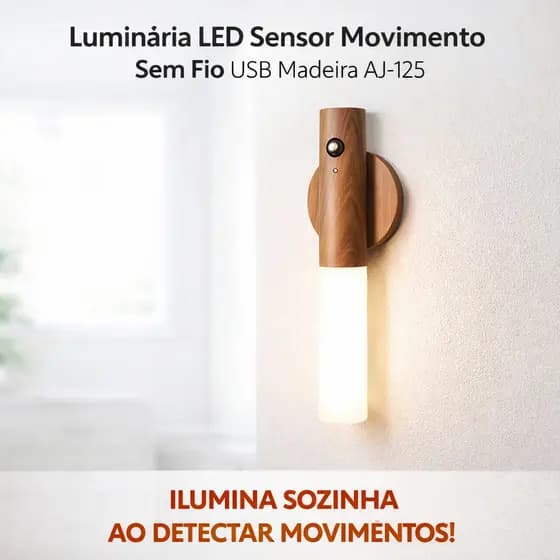 Luminária LED Sensor de Movimento Sem Fio USB Recarregável Design Madeira AJ-125 Automática Moderna