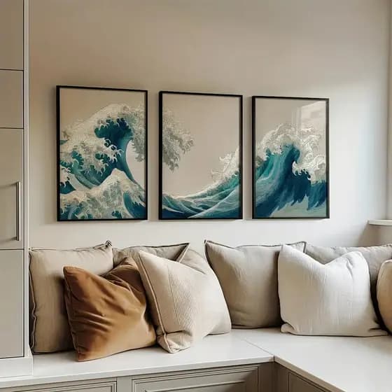 Essência do Oceano – Painel de 3 Quadros com Arte Japonesa kit