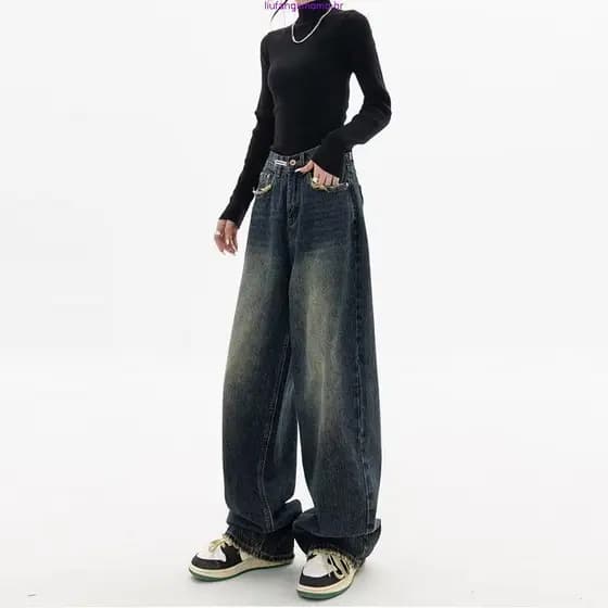 Calças Jeans Femininas de Cintura Alta Y2K, Slim e Retas, Soltas, Estilo Retro, Calças de Perna Larga R5096