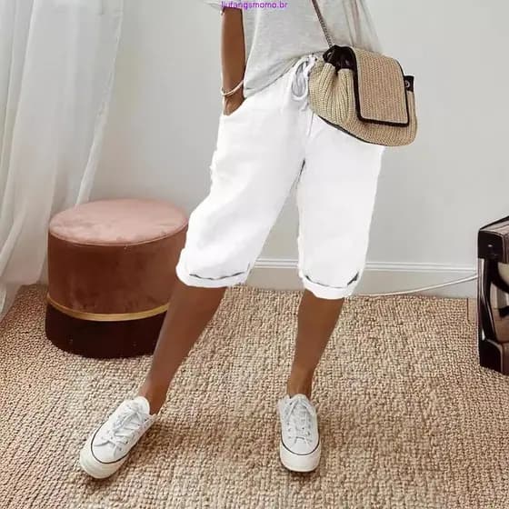 Shorts Femininos De Algodão E Linho , Calças Casuais Soltas , Diários Com Bolsos