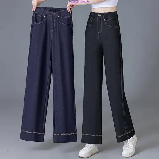 Tencel Jeans macios femininos verão fino 2025 novo estilo elástico cintura alta solta perna larga versão estreita calças