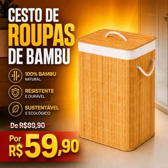 Cesto de Roupas Suja com Tampa e Alça 50 Litros Bambu