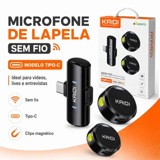 Microfone de Lapela Sem Fio Kaidi KMF4-C Tipo-C Duplo 2 Microfones P/ Celular Lives Vídeos