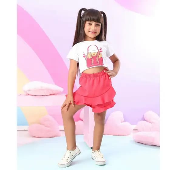 Conjunto Infantil Feminino 2 ao 10 Anos Blogueirinha Short Saia + Cropped Algodão Moda Casual